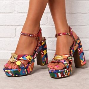 Gianni Bini Platform Sandals 9.5 Abstract Satin Beaux Whimsical Eye Lips New$140